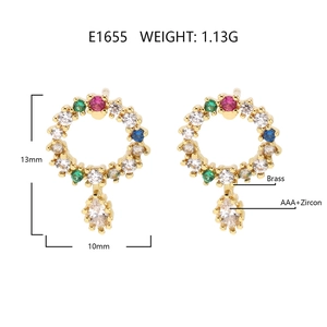 Detailed size specifications of gold brass floral wreath earrings with AAA zircons