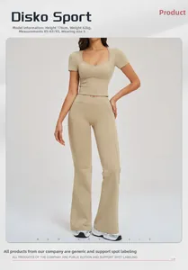 Detail of beige V-neck crop top and flared yoga pants on a model with size metrics