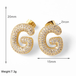 Detailed view of gold-plated G-shaped earring with zircon inlay and size measurements