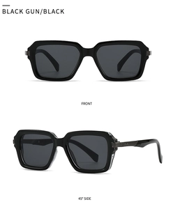 Front and 45-degree side views of black square aviator sunglasses with gunmetal accents
