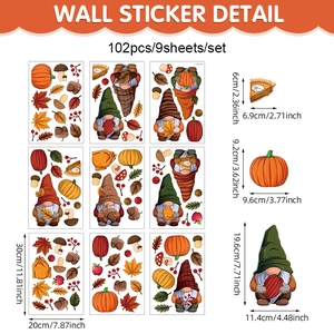 9-sheet set of autumn gnomes wall stickers with pumpkins and maple leaves 102pcs