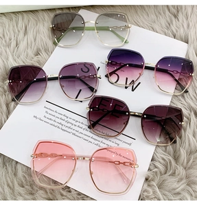 Macro detail of rimless sunglasses with gradient lenses and rhinestone accents