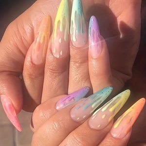Press On Nails 3D Dripping Liquid Effect Rainbow Gradient ABS Long Almond Stiletto False Nails
