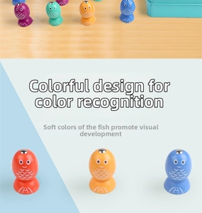 Close-up of colorful wooden magnetic fish toys for toddlers' early color recognition