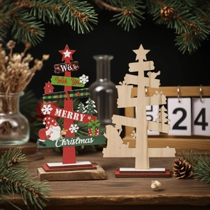 Mini wooden Christmas tree desktop ornaments with Santa and snowflake festive patterns