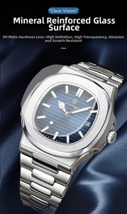 Detail of scratch-resistant 9H mineral glass and date display on men's quartz watch