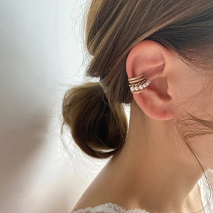 French style 14K gold plated layered ear cuff with pearls and green rhinestones