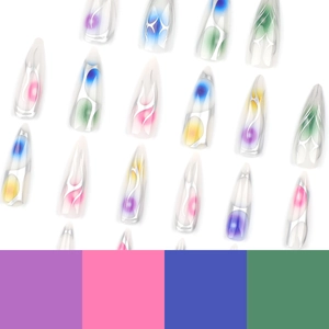 Long stiletto press-on nails with colorful ink smudge and silver flame patterns