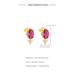 Detail of red zircon stud earrings in 925 silver with dimensions 1.07cm x 0.57cm