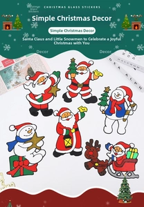 Detail of six Christmas glass window decals featuring Santa Claus and snowman cartoons