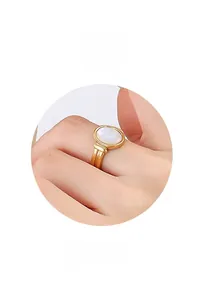 Detailed close-up of a gold ring featuring an elegant white oval gemstone inlay