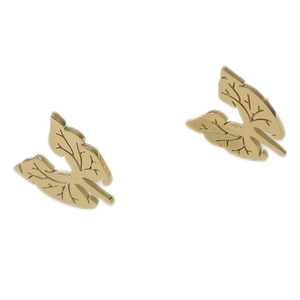 Elegant gold-colored leaf-shaped stainless steel stud earrings with detailed vein texture