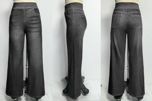 Drei Ansichten der grauen Weitbein-Jeans mit hoher Taille und bequemem Gummizugbund