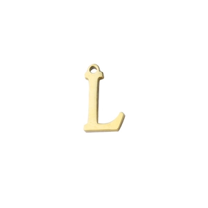 Close-up of golden stainless steel letter L charm with mirror finish for DIY necklace
