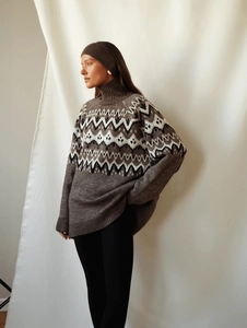 Women Fair Isle Turtleneck Sweater Cotton Blend Oversized Knit Pullover Vintage Geometric Pattern Long Sleeve Winter Casual