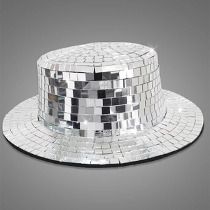 Detailed view of silver disco mirror hat with sparkling glass mosaic tiles for parties