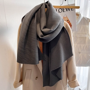 Dark grey pleated scarf with heavy brushed texture and long wrap-around design for women