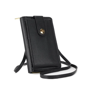 Black pebbled PU leather crossbody phone bag with gold hardware and adjustable strap