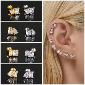 Tiny Zircon Ear Cartilage Studs Copper Cubic Zirconia With Stainless Steel Earring Post Screw Ball Back Geometric For Women
