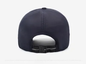 Rear view of quick-dry baseball cap featuring adjustable plastic buckle strap and fine stitching