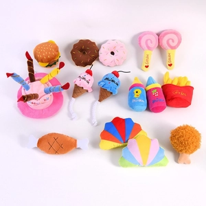 Multi-piece plush squeaky dog toys set featuring burger, fries, and colorful food shapes