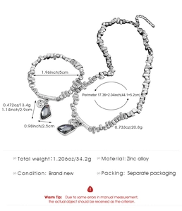 Ensemble collier et bracelet en alliage de zinc avec pendentif cœur et dimensions détaillées