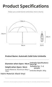Detailed size chart for automatic 3-fold umbrella showing 98cm diameter and 28cm folded length