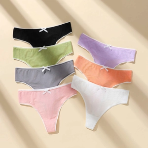 Women Ribbed Thong Panties Low Waist Breathable Polyester Spandex Underwear With Bow Decor Sexy Comfy Lingerie