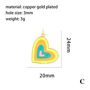 Detailed view of layered enamel heart pendant in 18K gold plated copper with dimensions