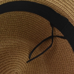 Detail of adjustable straw hat inner band with black ribbon sweatband and drawstring