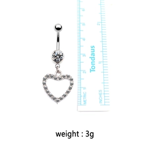 Silver heart navel ring with clear zircon crystals and metric size measurement scale