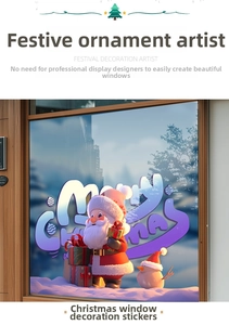 Close-up of Santa Claus window static stickers with Merry Christmas festive patterns