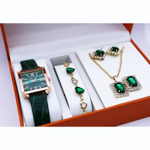 Deluxe gift set featuring a square green dial watch and matching emerald heart jewelry