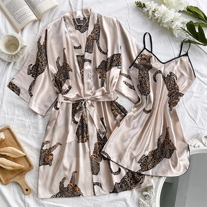 Elegant two-piece satin sleepwear set with leopard print robe and V-neck slip dress