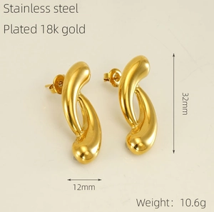 Detail of irregular geometric 18k gold plated stainless steel earrings showing dimensions