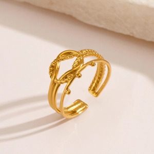 18K gold plated stainless steel adjustable open ring with woven texture and beads