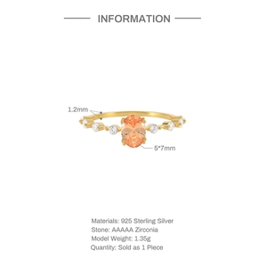 Detail view of gold 925 silver ring with 5x7mm orange oval zircon and product specifications