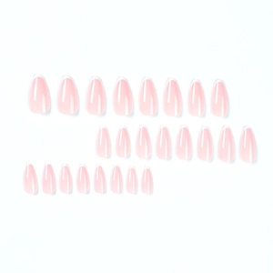 French tip press-on nails with light pink base and white tips in long almond shape