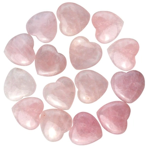 Collection of 20mm heart-shaped rose quartz and amethyst gemstones on white background