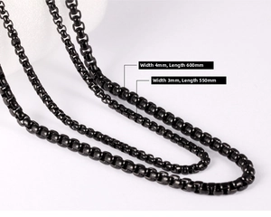 Detail view of black stainless steel box chains in 3mm and 4mm widths for men