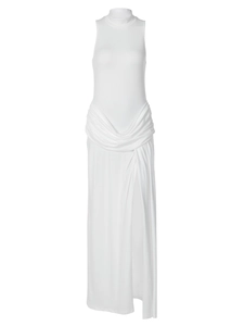 Close-up of elegant sleeveless white maxi dress with ruched waist and side slit detail