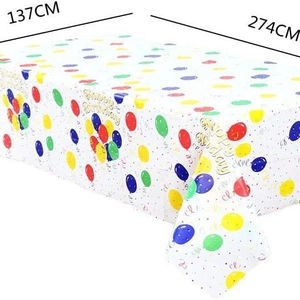 Rectangular Happy Birthday table cover with colorful balloons and text, 137x274cm