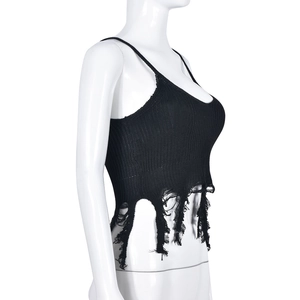 Close-up of black knit camisole featuring punk style ripped details and fringe hem