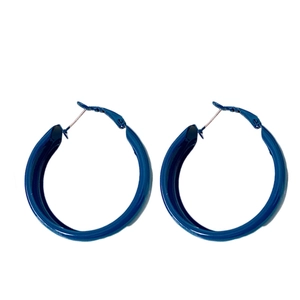 Retro blue enamel wide hoop earrings with silver pins for women in a vintage style