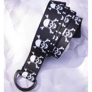 Detail of punk black canvas belt with white skull prints and double D-ring metal buckle