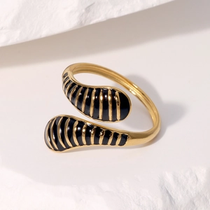 French vintage water drop open ring in black and gold stainless steel finish