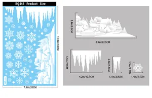 Size chart for Christmas static window stickers showing dimensions of snow house and snowflakes