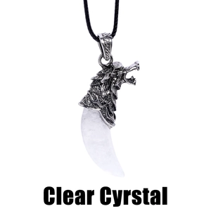 Vintage wolf head pendant necklace with clear crystal tooth and silver metal texture