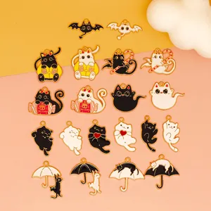 Cartoon Cat Enamel Alloy Charms For DIY Jewelry Making Halloween Theme Pendants Craft Supplies
