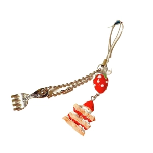 Cute strawberry cake handmade beaded charm with metal fork pendant for bags and phones